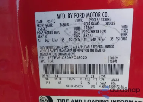 2010 Ford F-150 Fx2 Sport/Xl/Xlt из США, поврежденный, VIN 1FTEW1C89AFC45020